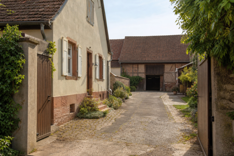 Traditionelles Haus-Hof-Anwesen mit Wohnhaus und Scheune in einem Dorf der Südpfalz nahe Herxheim