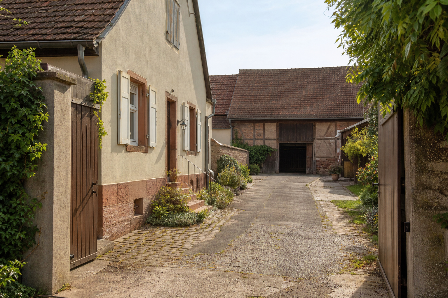 Traditionelles Haus-Hof-Anwesen mit Wohnhaus und Scheune in einem Dorf der Südpfalz nahe Herxheim