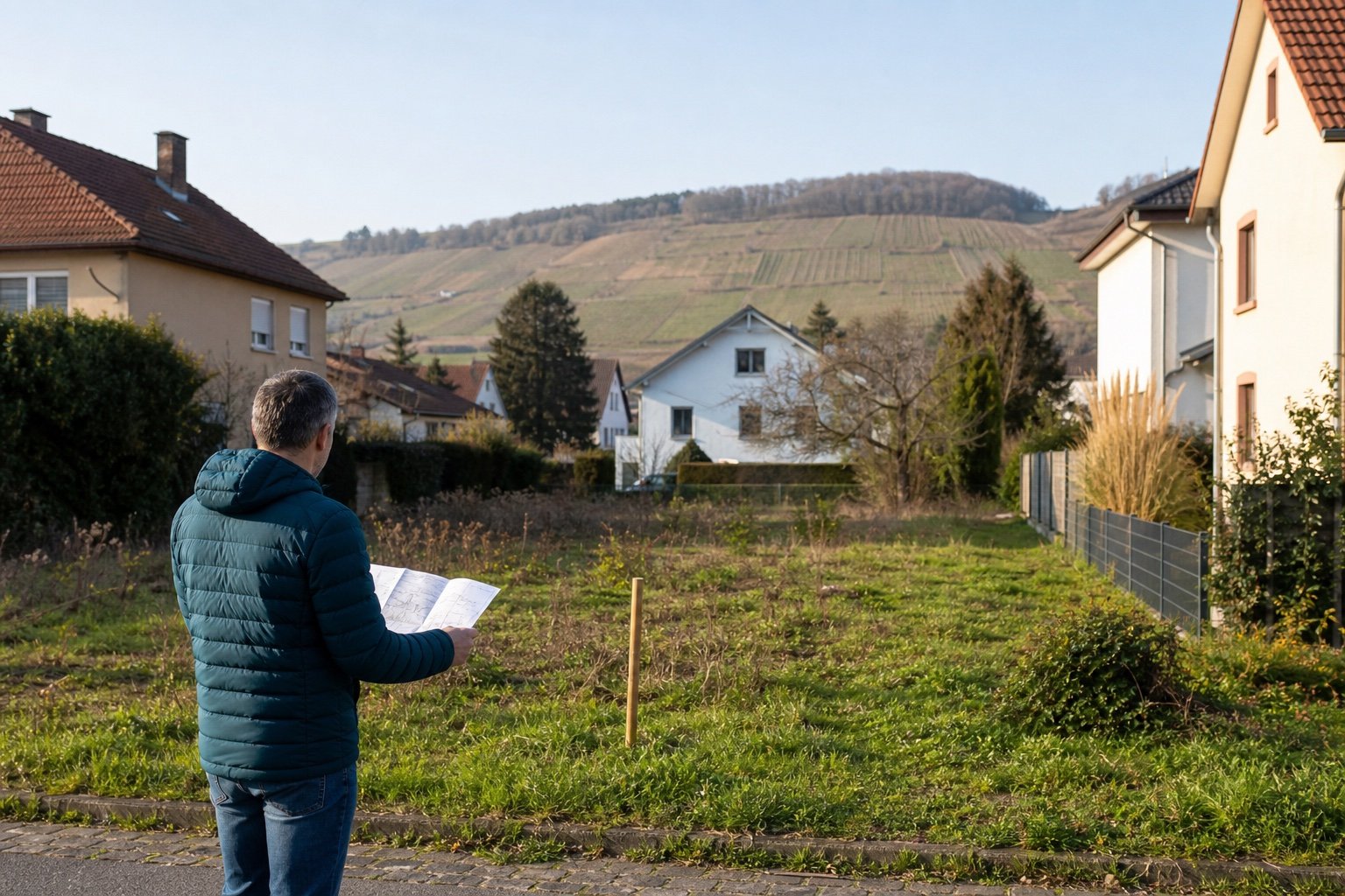 Grundstückseigentümer betrachtet einen unbebauten Bauplatz zwischen Wohnhäusern