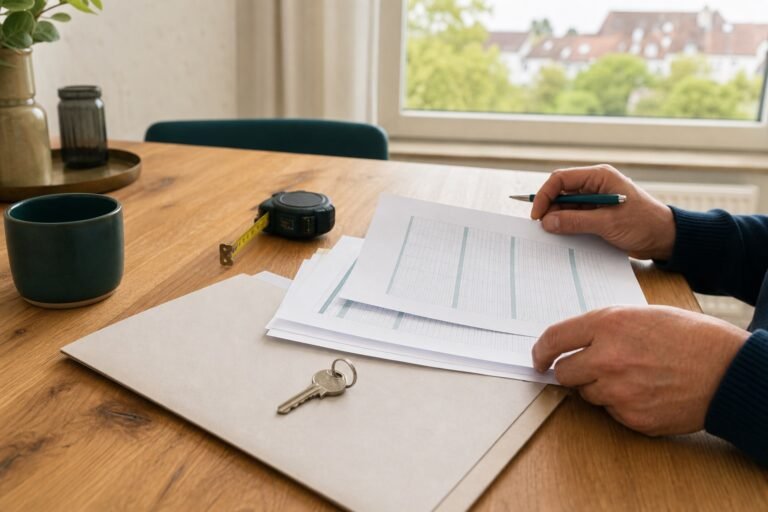 Vermieter prüft Wohnungsunterlagen und Mietdaten an einem Tisch