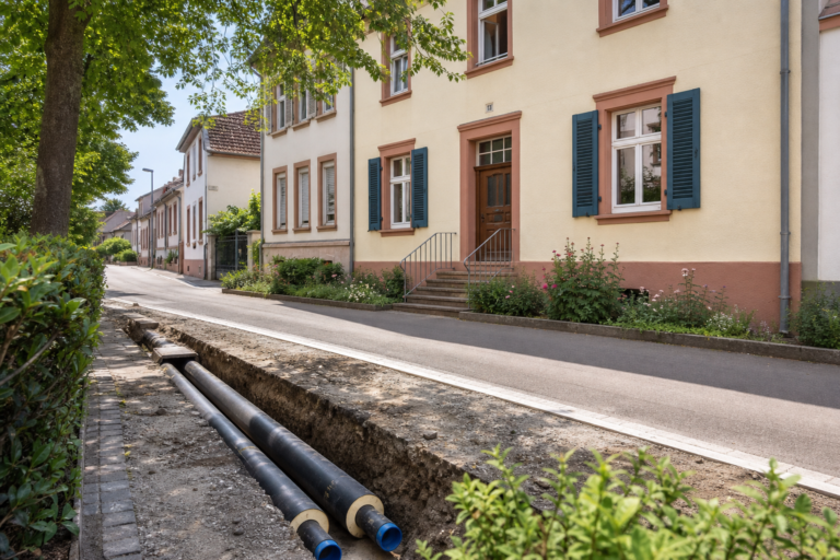 Symbolbild eines Landauer Wohnhauses mit neu verlegten Fernwärmeleitungen im Straßenraum