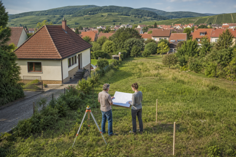 Eigentümer und Fachberater prüfen die mögliche Teilung eines großen Wohngrundstücks an der Südlichen Weinstraße
