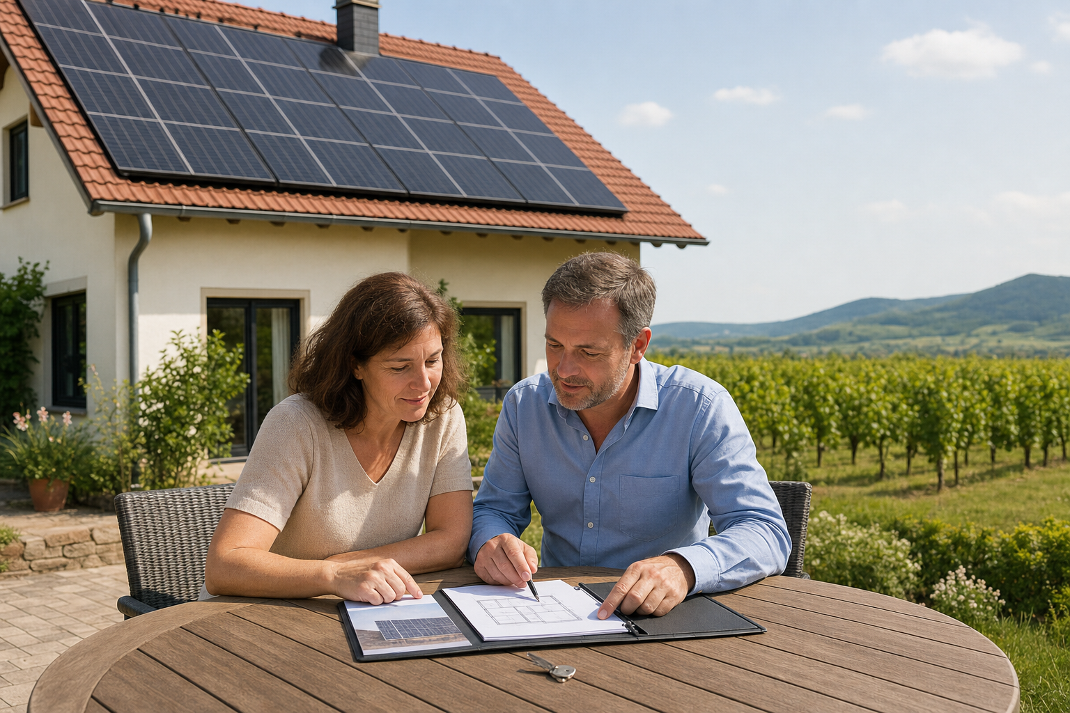 Eigentümerin und Immobilienberater prüfen Unterlagen zu einem Haus mit Photovoltaikanlage in der Südpfalz