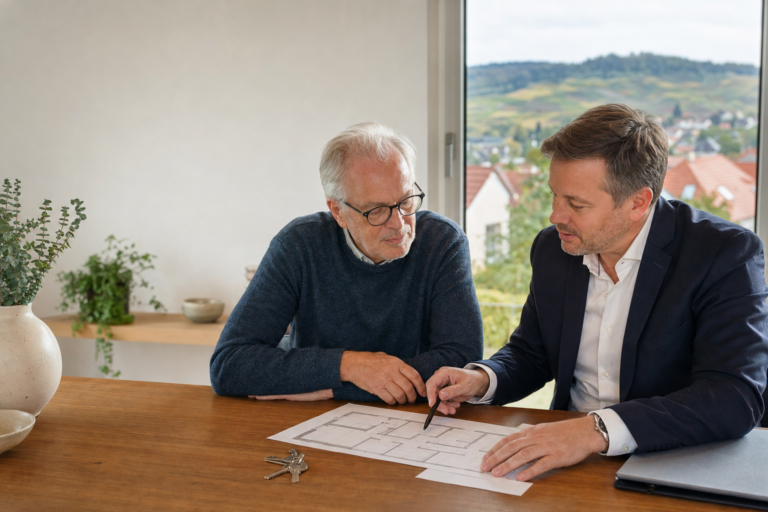 Wohnberechtigter und Immobilienberater besprechen den Verkauf eines Hauses an der Südlichen Weinstraße