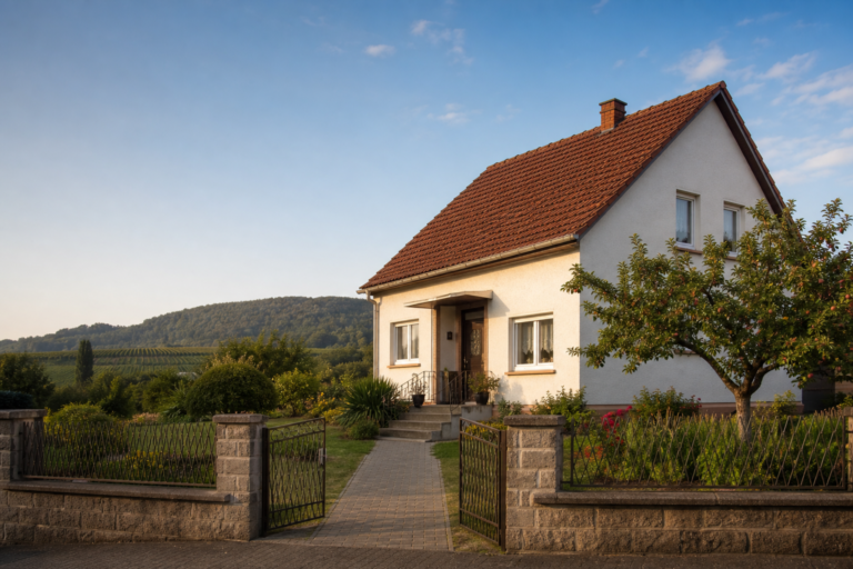 Freistehendes Einfamilienhaus mit Garten vor Weinbergen und bewaldeten Hügeln an der Südlichen Weinstraße
