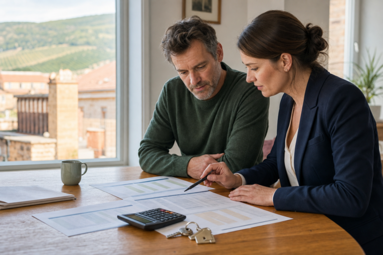 Eigentümer und Immobilienberaterin prüfen Miettabellen für eine Wohnung in Landau und der Südlichen Weinstraße