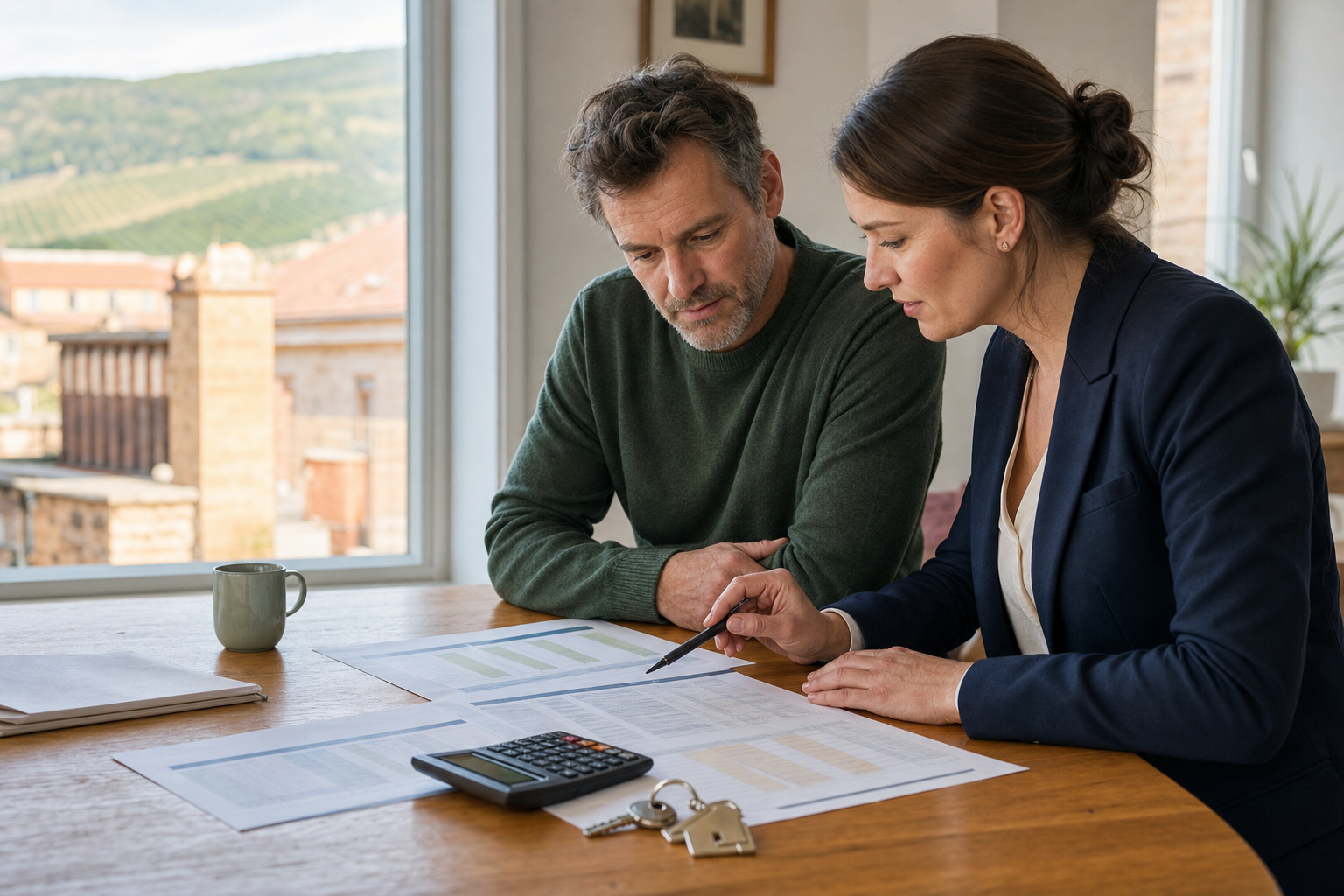 Eigentümer und Immobilienberaterin prüfen Miettabellen für eine Wohnung in Landau und der Südlichen Weinstraße