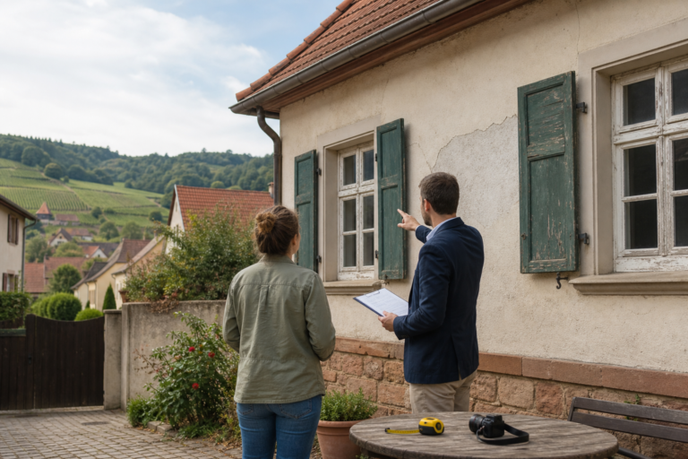 Eigentümer und Immobilienfachperson prüfen die Fassade eines älteren Hauses an der Südlichen Weinstraße