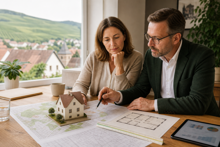 Eigentümerin und Immobilienberater prüfen Hausmodell, Lageplan und Grundriss für eine Immobilienbewertung an der Südlichen Weinstraße