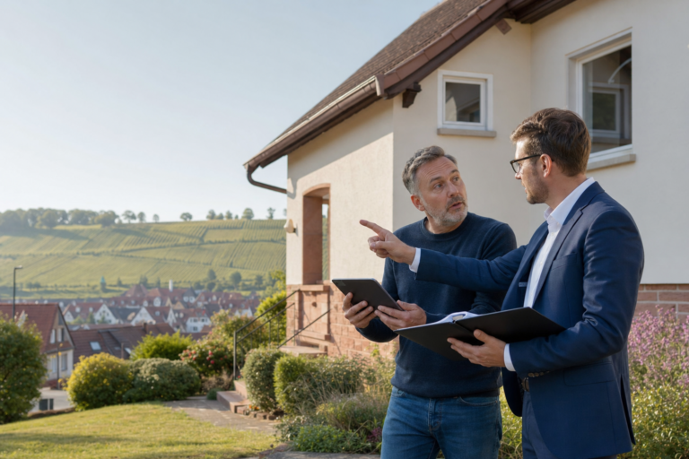 Eigentümer und Immobilienberater vergleichen Haus, Lage und Unterlagen für eine Bewertung an der Südlichen Weinstraße