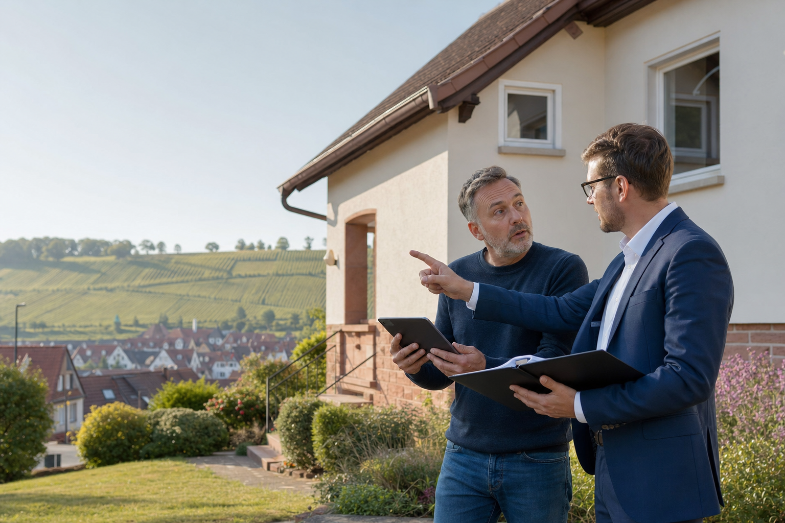 Eigentümer und Immobilienberater vergleichen Haus, Lage und Unterlagen für eine Bewertung an der Südlichen Weinstraße