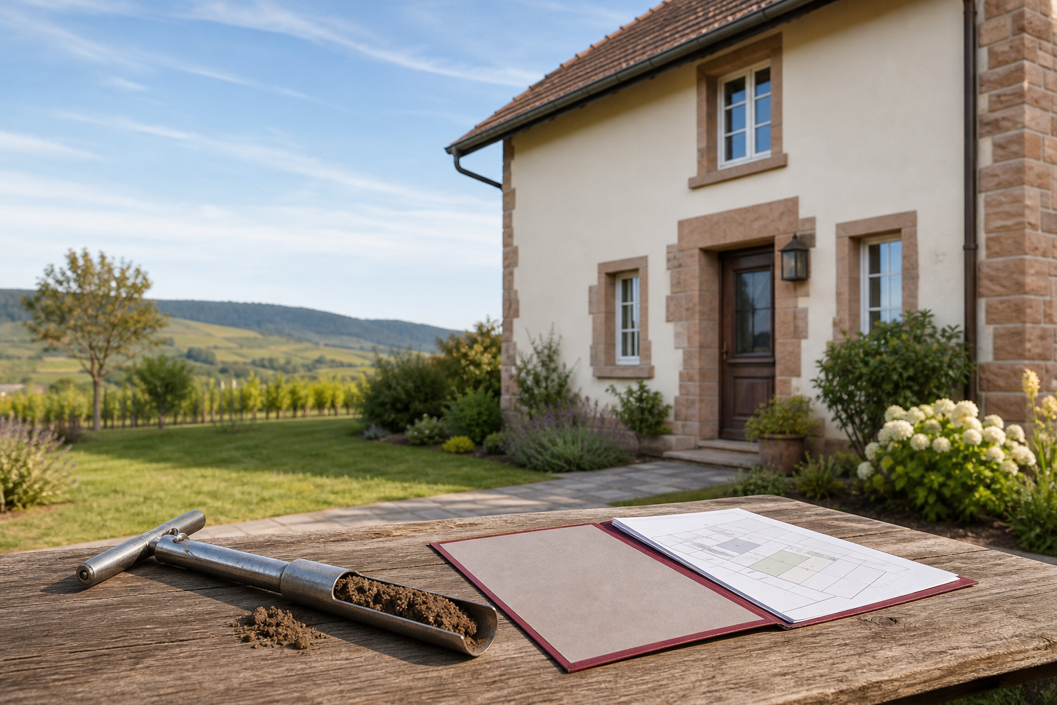 Wohnhaus mit Bodenprobenehmer und Flurstücksunterlagen vor Weinbergen bei Landau und der Südlichen Weinstraße