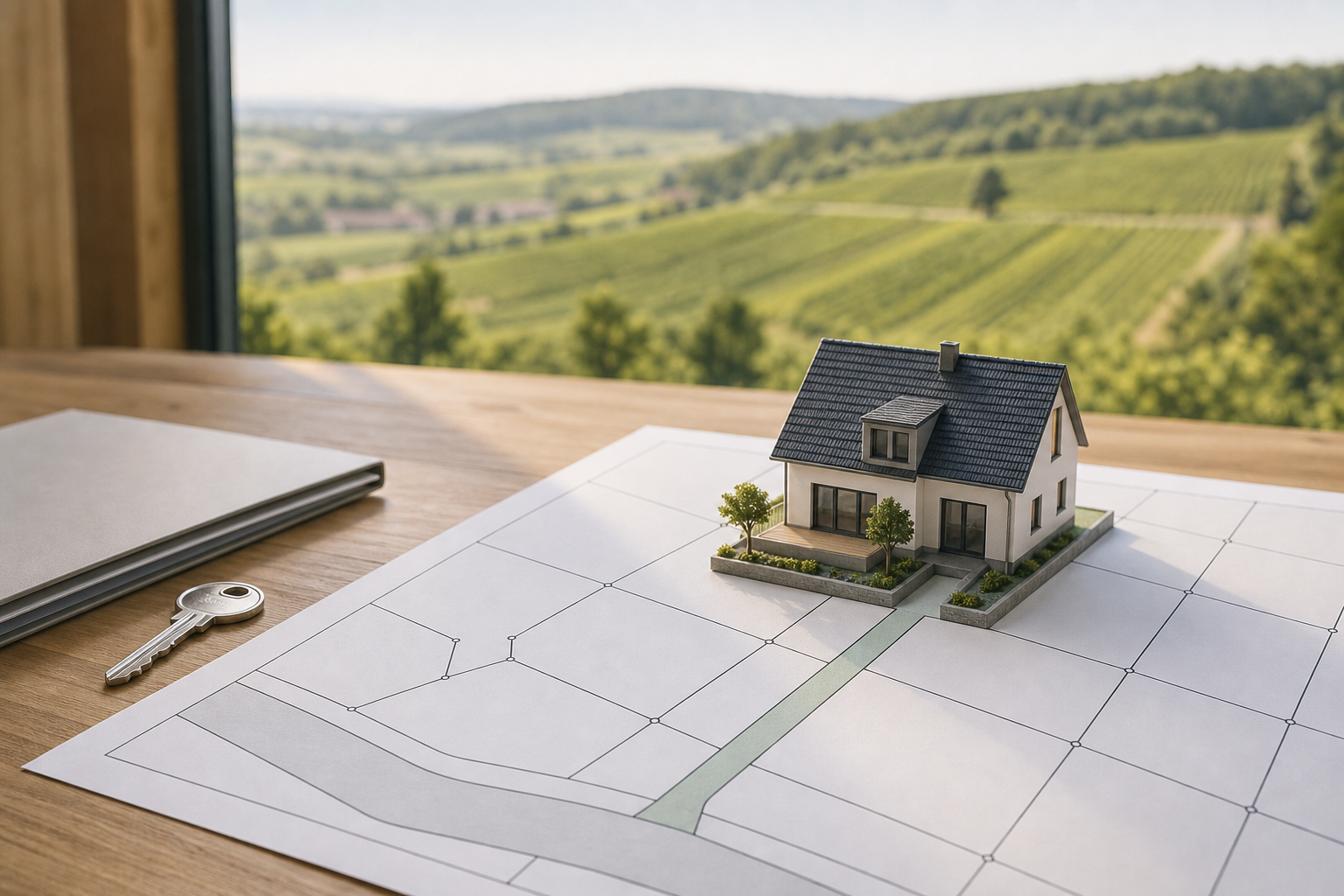 Hausmodell auf einem Grundstücksplan mit markierter Zufahrt vor Weinbergen bei Landau und der Südlichen Weinstraße