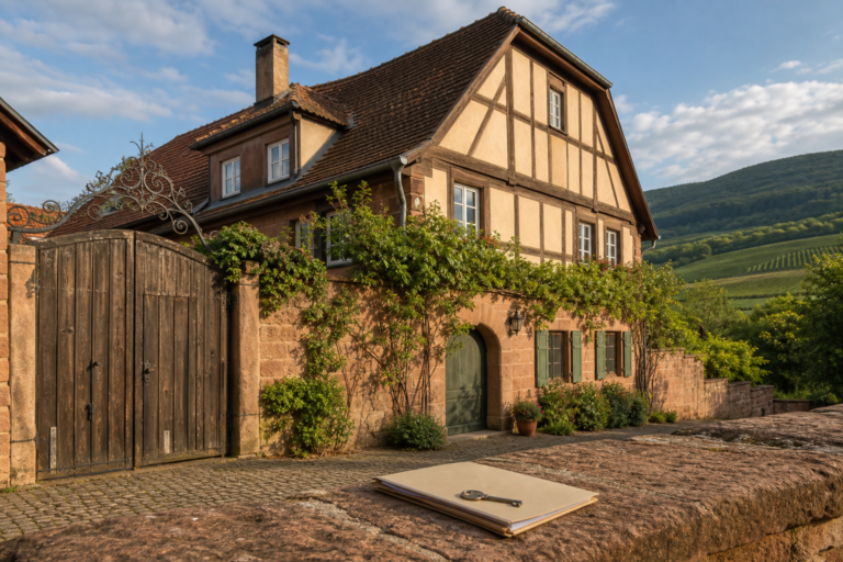 Historisches Sandstein- und Fachwerkhaus mit Dokumentenmappe und Schlüssel vor Weinbergen bei Landau und der Südlichen Weinstraße