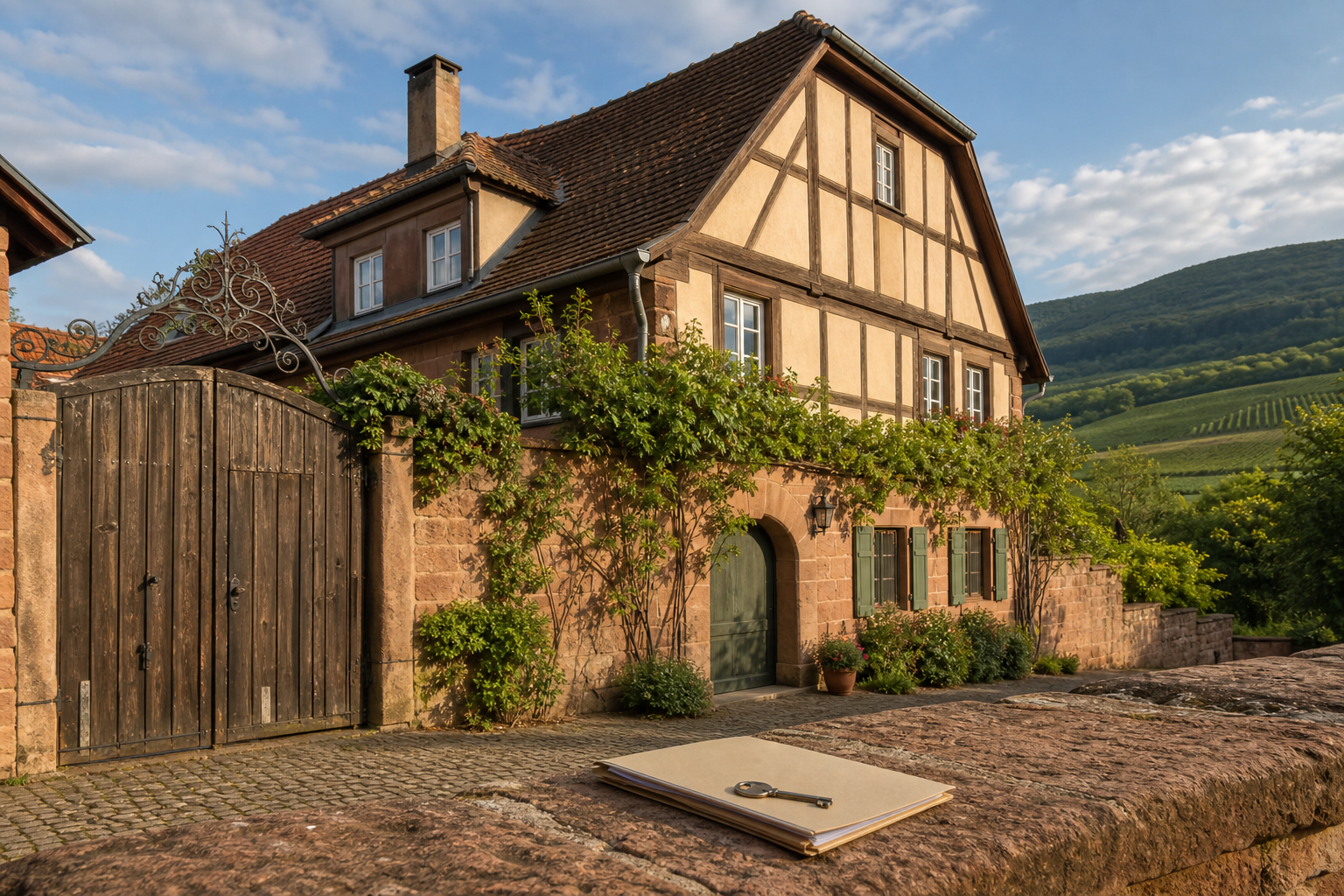 Historisches Sandstein- und Fachwerkhaus mit Dokumentenmappe und Schlüssel vor Weinbergen bei Landau und der Südlichen Weinstraße