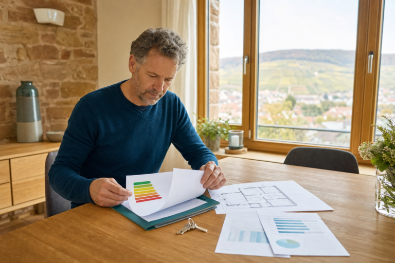 Eigentümer prüft Energieunterlagen und Grundriss für einen Hausverkauf in Landau und der Südlichen Weinstraße