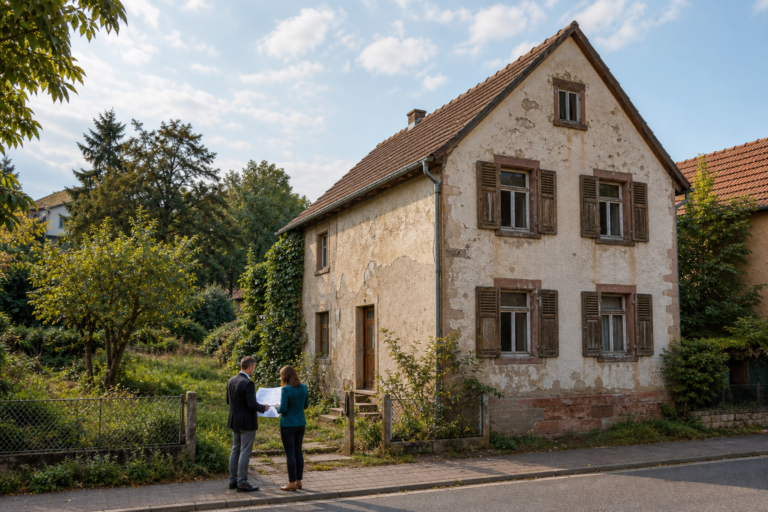 Eigentümerin und Immobilienberater prüfen vor einem älteren sanierungsbedürftigen Haus das Grundstückspotenzial anhand eines Plans