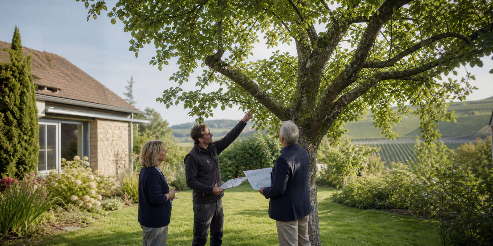 Eigentümer und Fachleute prüfen einen großen Gartenbaum und Grundstücksunterlagen vor einem Hausverkauf