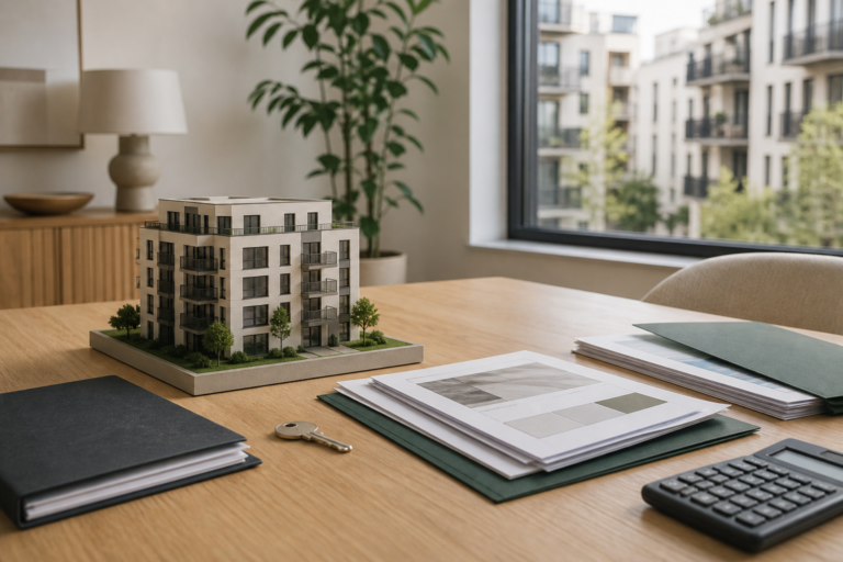 Wohngebäudemodell, Schlüssel und geordnete WEG-Unterlagen auf einem Tisch als Symbol für die Vorbereitung eines Wohnungsverkaufs