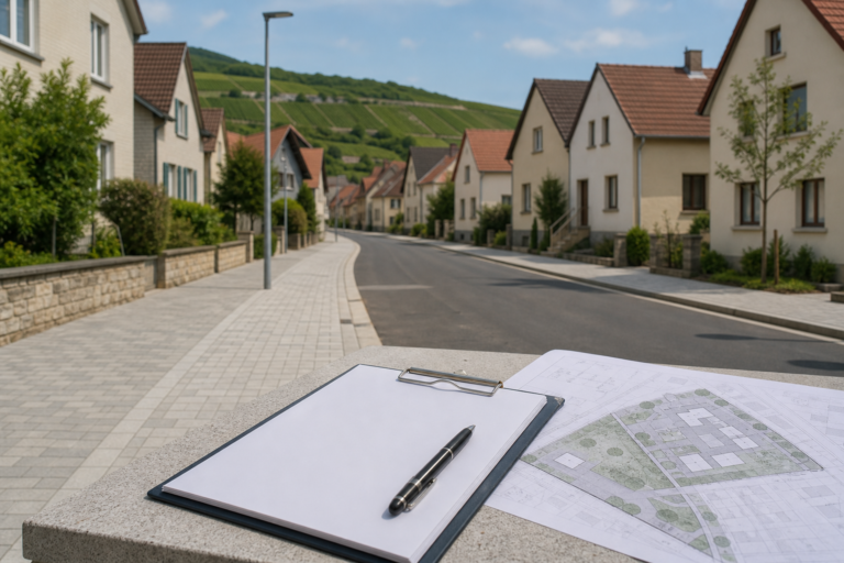 Wohnstraße mit neuem Gehweg und geöffnetem Aktenordner zu Erschließungskosten vor Häusern in einer pfälzischen Ortslage