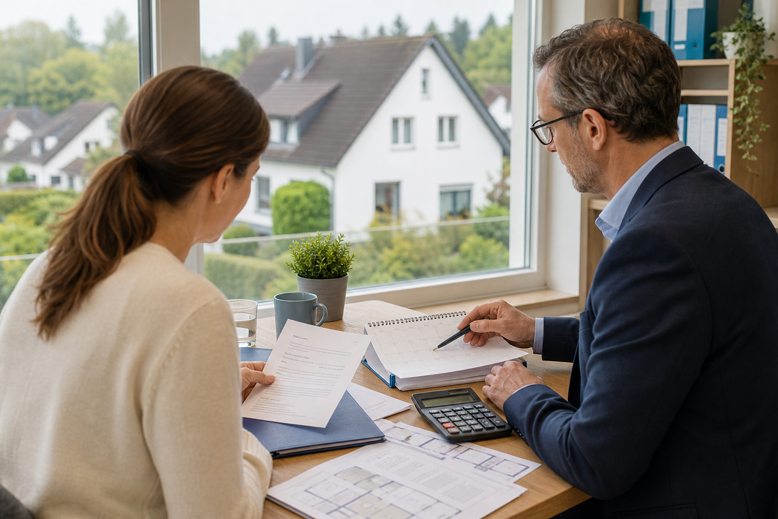 Eigentümerin und Immobilienberater prüfen Grundsteuerbescheid, Kalender und Objektunterlagen vor einem Hausverkauf