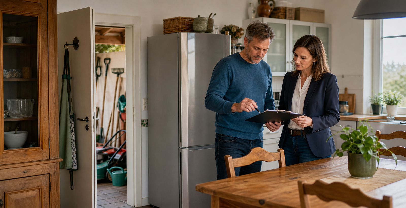 Eigentümer und Immobilienberater erfassen Möbel, Kühlschrank und Gartengeräte für eine Inventarliste beim Hausverkauf