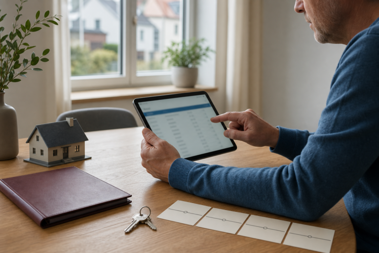 Immobilienverkäufer prüft den erwarteten Geldeingang am Tablet neben Notarunterlagen, Hausmodell und zurückbehaltenen Schlüsseln