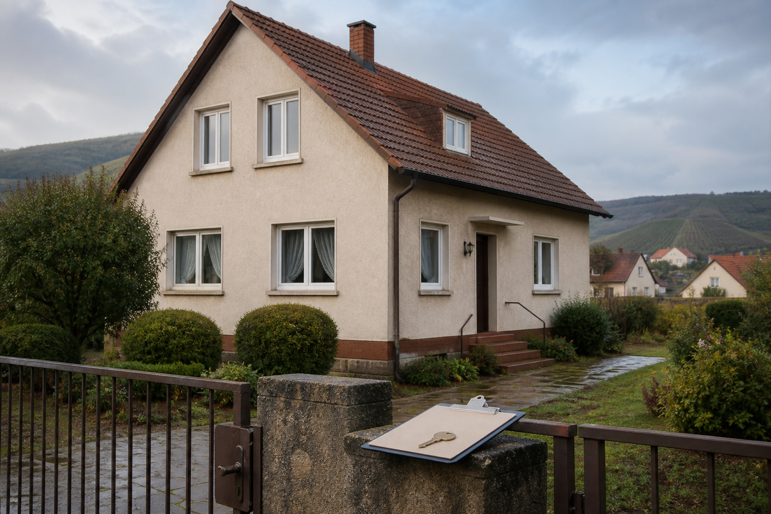 Gepflegtes, unbewohntes Haus mit Schlüssel und Kontrollmappe am Gartentor als Symbol für einen vorbereiteten Leerstandsverkauf