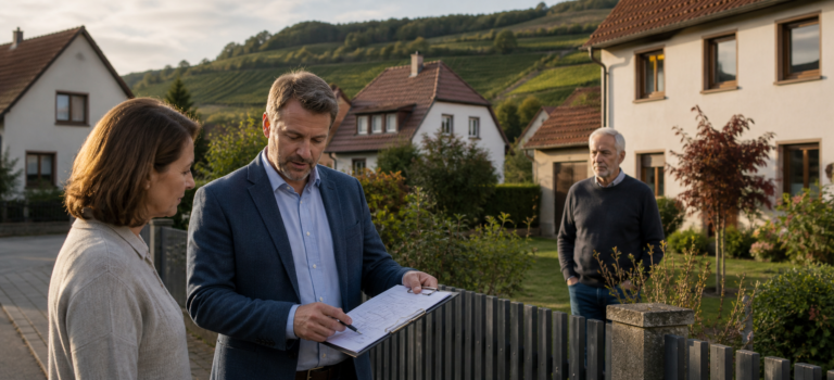 Eigentümerin und Immobilienberater prüfen an einem Gartenzaun sachlich einen Grenzplan, während der Nachbar Abstand hält