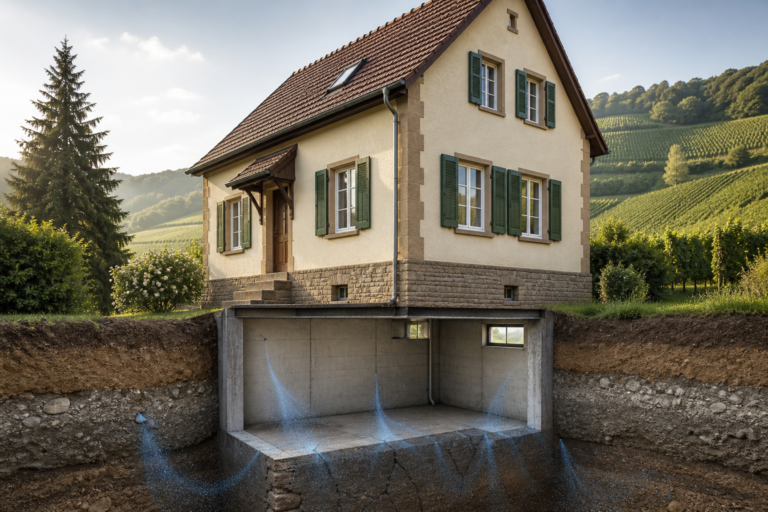 Schnittdarstellung eines älteren Hauses in einer Weinlandschaft mit dezenten blauen Partikeln aus dem Boden als Symbol für Radon im Keller