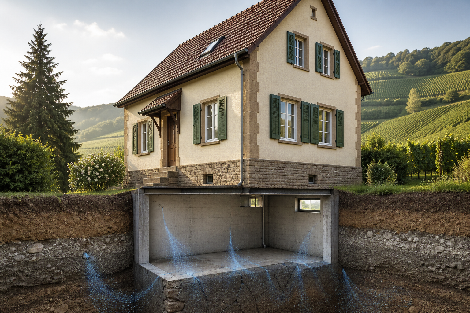 Schnittdarstellung eines älteren Hauses in einer Weinlandschaft mit dezenten blauen Partikeln aus dem Boden als Symbol für Radon im Keller
