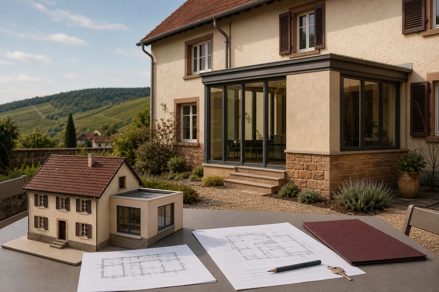 Haus mit modernem Anbau neben Gebäudemodell und Bauplänen als Symbol für die Prüfung des Genehmigungsstands vor dem Verkauf