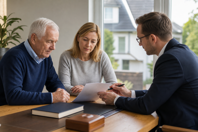 Älterer Eigentümer und Angehörige prüfen mit einem Berater eine Vollmacht für den Immobilienverkauf