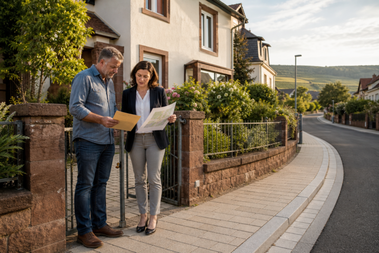Eigentümer und Immobilienberaterin prüfen vor einem Haus an einer erneuerten Wohnstraße Unterlagen zu möglichen Straßenausbaubeiträgen