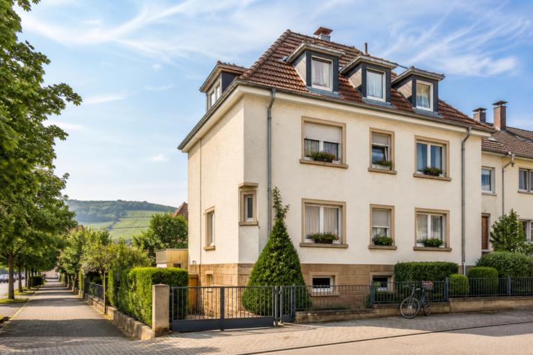 Bewohntes Mehrfamilienhaus mit hellen Fassaden, begrüntem Vorgarten und Weinbergen im Hintergrund in der Region Landau und Südliche Weinstraße