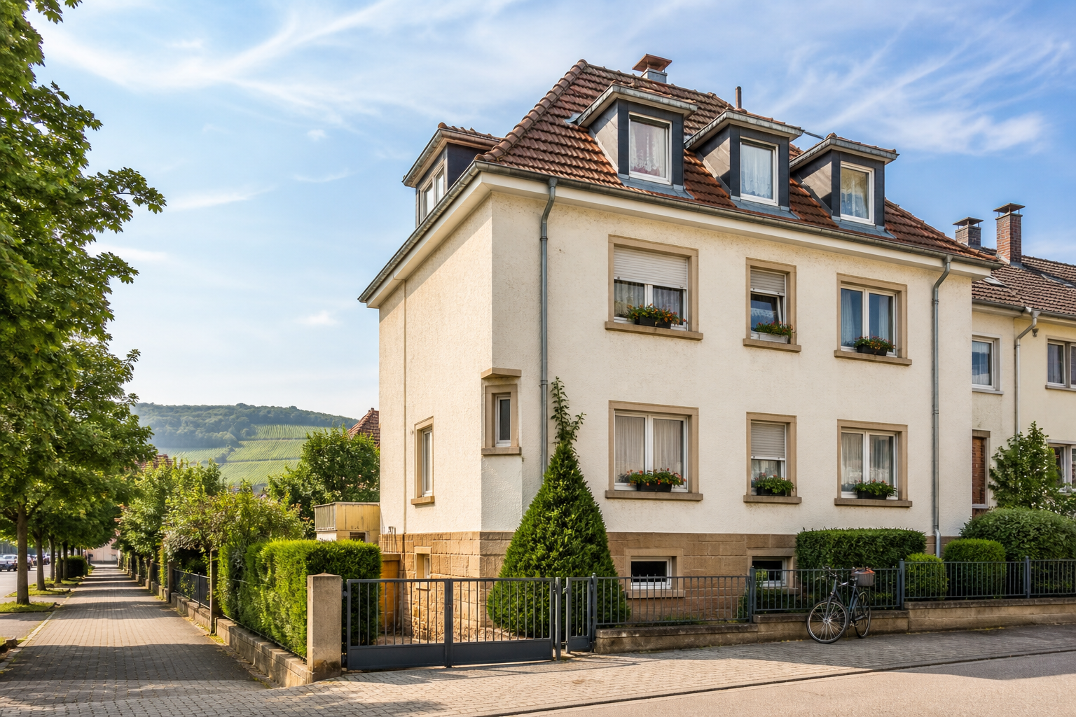 Bewohntes Mehrfamilienhaus mit hellen Fassaden, begrüntem Vorgarten und Weinbergen im Hintergrund in der Region Landau und Südliche Weinstraße