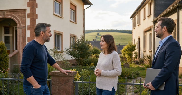 Zwei Nachbarn sprechen über einen möglichen Hausverkauf am Gartenzaun, begleitet von einem Immobilienberater