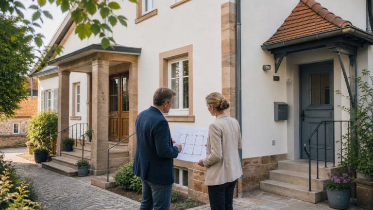 Eigentümer und Immobilienberaterin prüfen einen Grundriss vor einem Haus mit zwei getrennten Eingängen