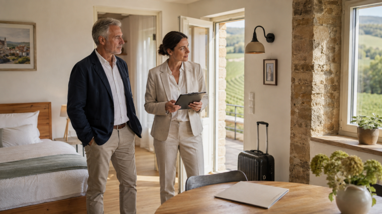 Eigentümer und Immobilienberaterin prüfen eine eingerichtete Ferienwohnung vor dem Hausverkauf