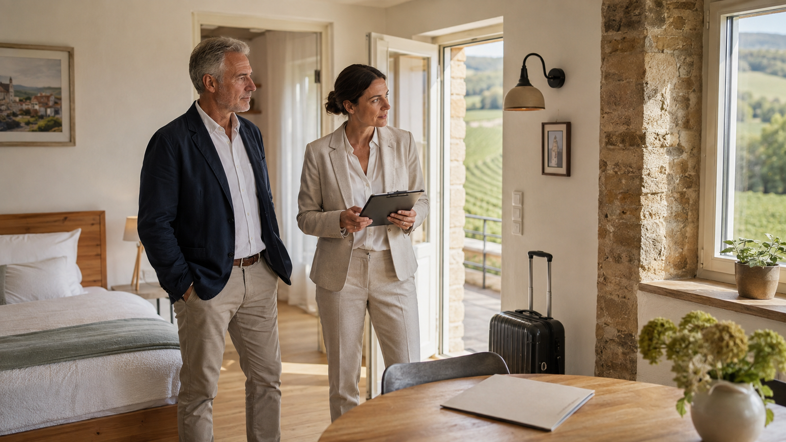Eigentümer und Immobilienberaterin prüfen eine eingerichtete Ferienwohnung vor dem Hausverkauf