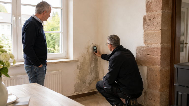 Fachmann prüft mit einem Feuchtemessgerät eine verfärbte Wand vor dem Verkauf eines Hauses