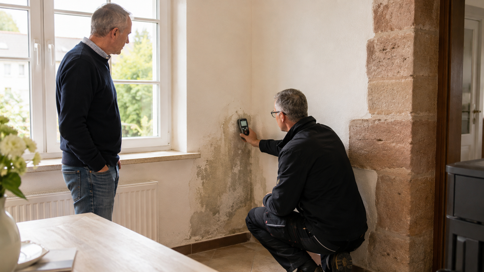 Fachmann prüft mit einem Feuchtemessgerät eine verfärbte Wand vor dem Verkauf eines Hauses