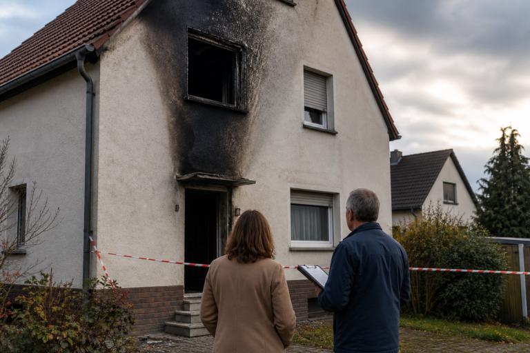 Eigentümerin und Bausachverständiger betrachten aus sicherer Entfernung ein Haus mit sichtbarem Brandschaden