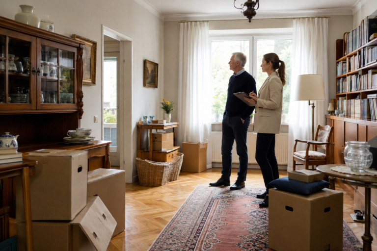 Eigentümer und Immobilienberaterin begutachten ein bewohntes Haus mit Möbeln und geordneten Umzugskartons vor dem Verkauf