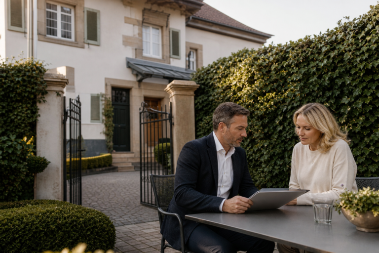 Eigentümerin und Immobilienberater besprechen diskret den Verkauf eines Wohnhauses ohne öffentliches Inserat
