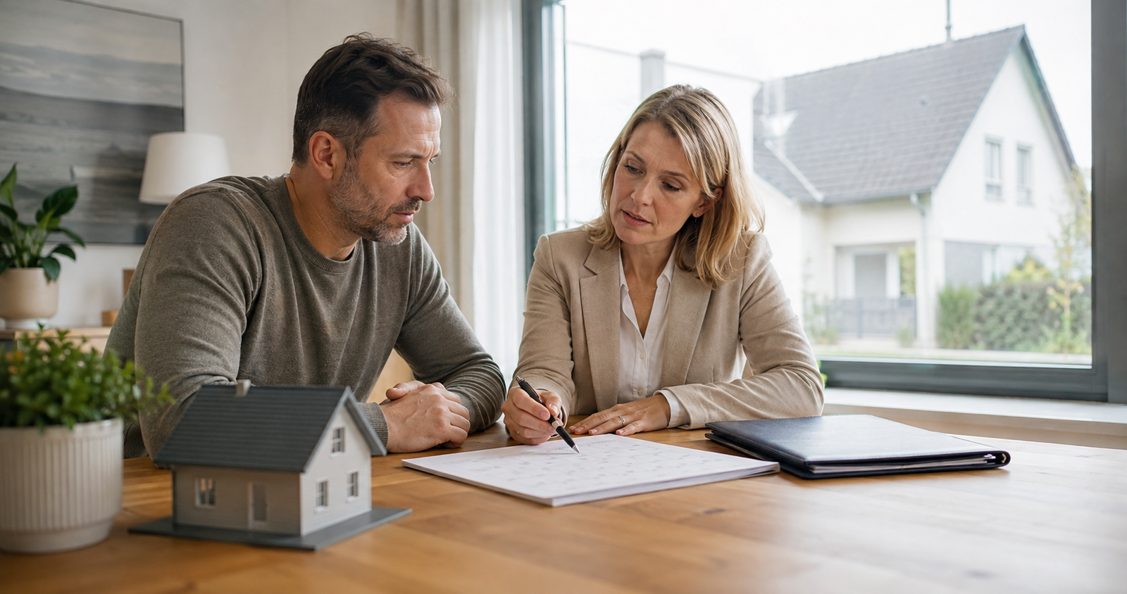 Eigentümer und Immobilienberaterin planen sachlich die nächsten Schritte vor einer möglichen Zwangsversteigerung