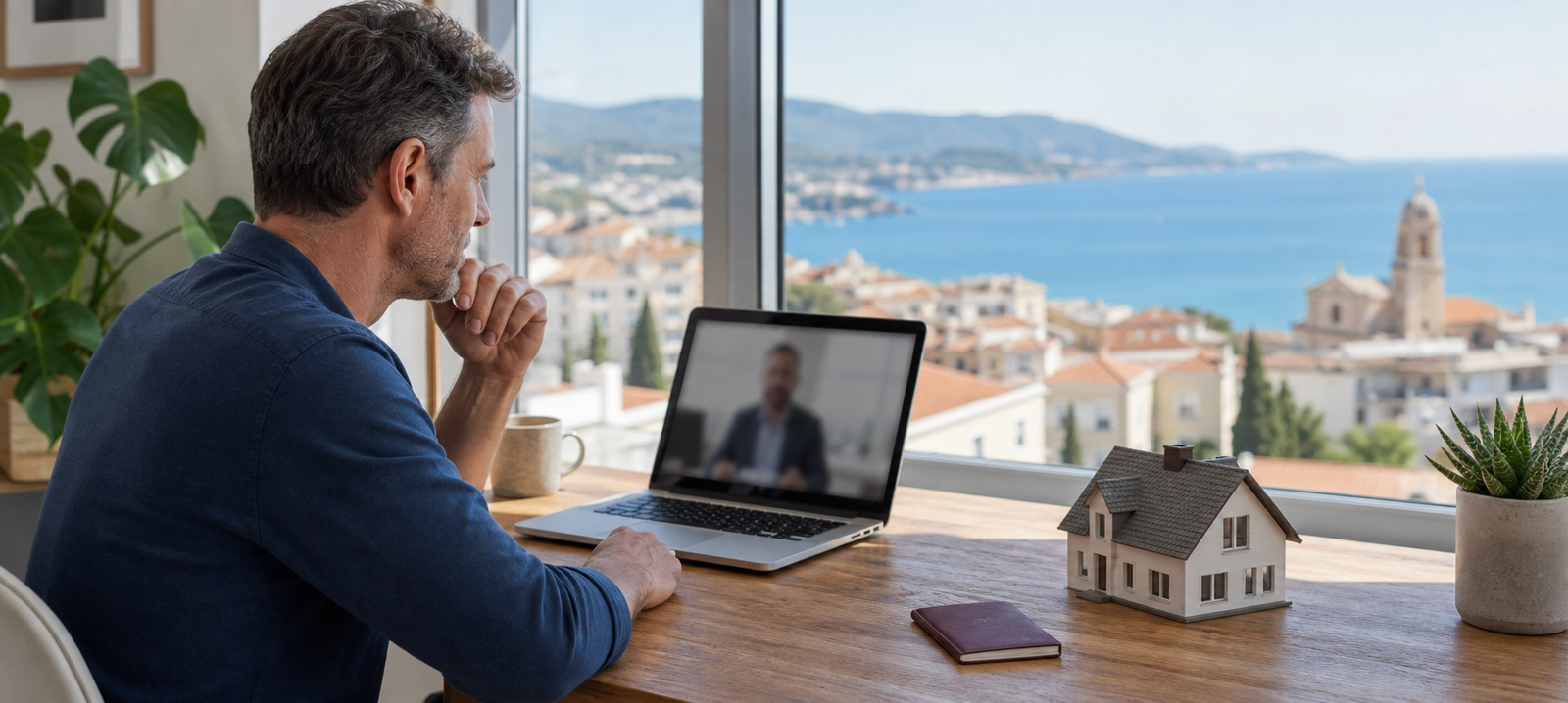 Immobilieneigentümer im Ausland bespricht per Video eine deutsche Immobilie mit einem Berater