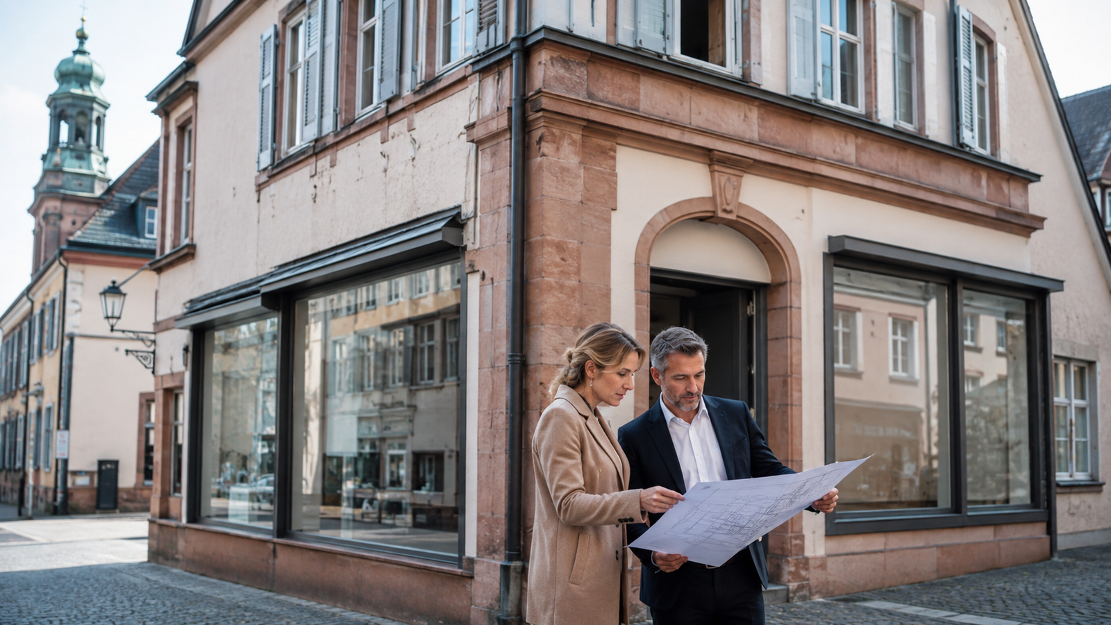 Eigentümerin und Immobilienberater prüfen Pläne eines Wohn- und Geschäftshauses mit Ladenfläche und Wohnungen